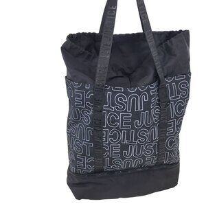 JUSTICE logo black drawstring tote bag ~ overnight, dance, sports, adventure!